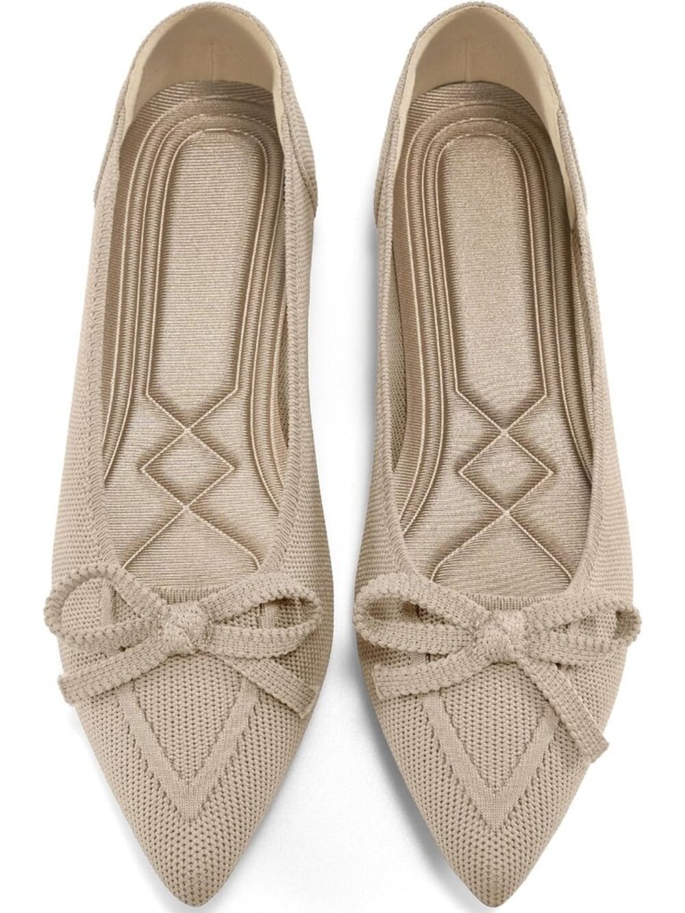 Women's Beige Dressy Pointed Toe Bow Knit Flats Comfortable Slip On Ballet Flats
